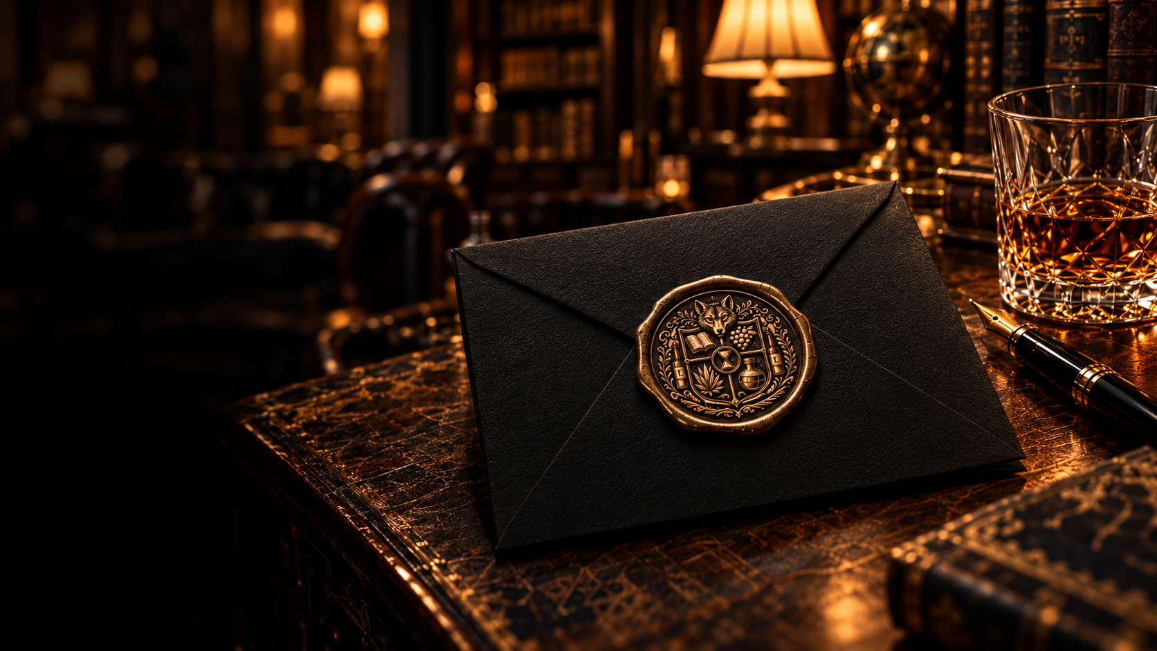 A black invitation and antique gold seal in an amber-lit setting