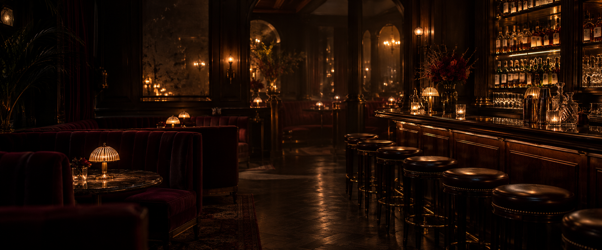 Warmly lit dark wood lounge with intimate tables and a welcoming amber glow